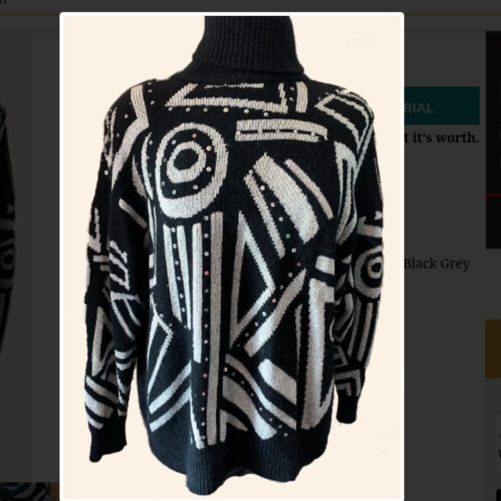 Women's Vintage '90's Abstract Patterned Black and Gray Crewneck Sweater